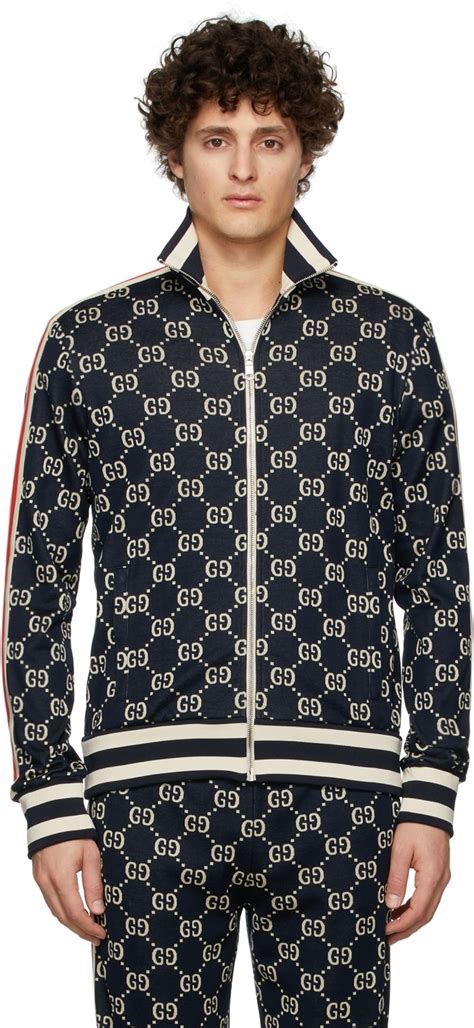 gucci navy cotton jacquard gg jacket|white gucci jacket embroidered.